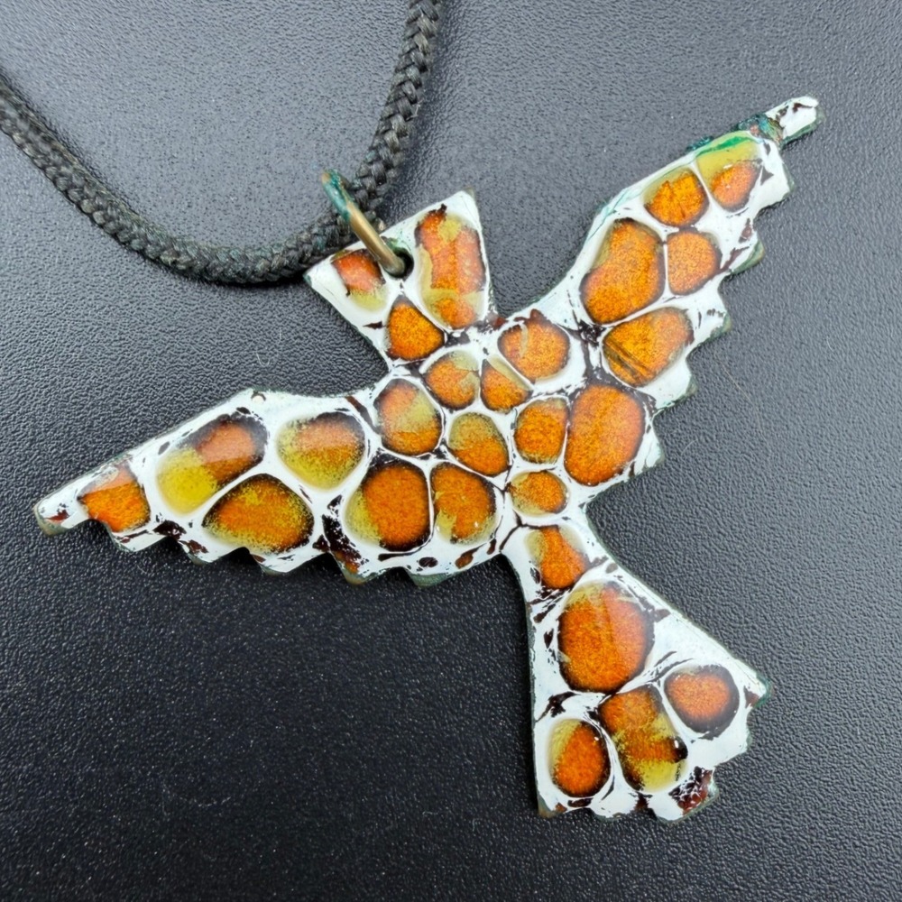 Lorraine Pfeil Thunderbird Pendant Orange Mosaic Enamel Copper Signed READ